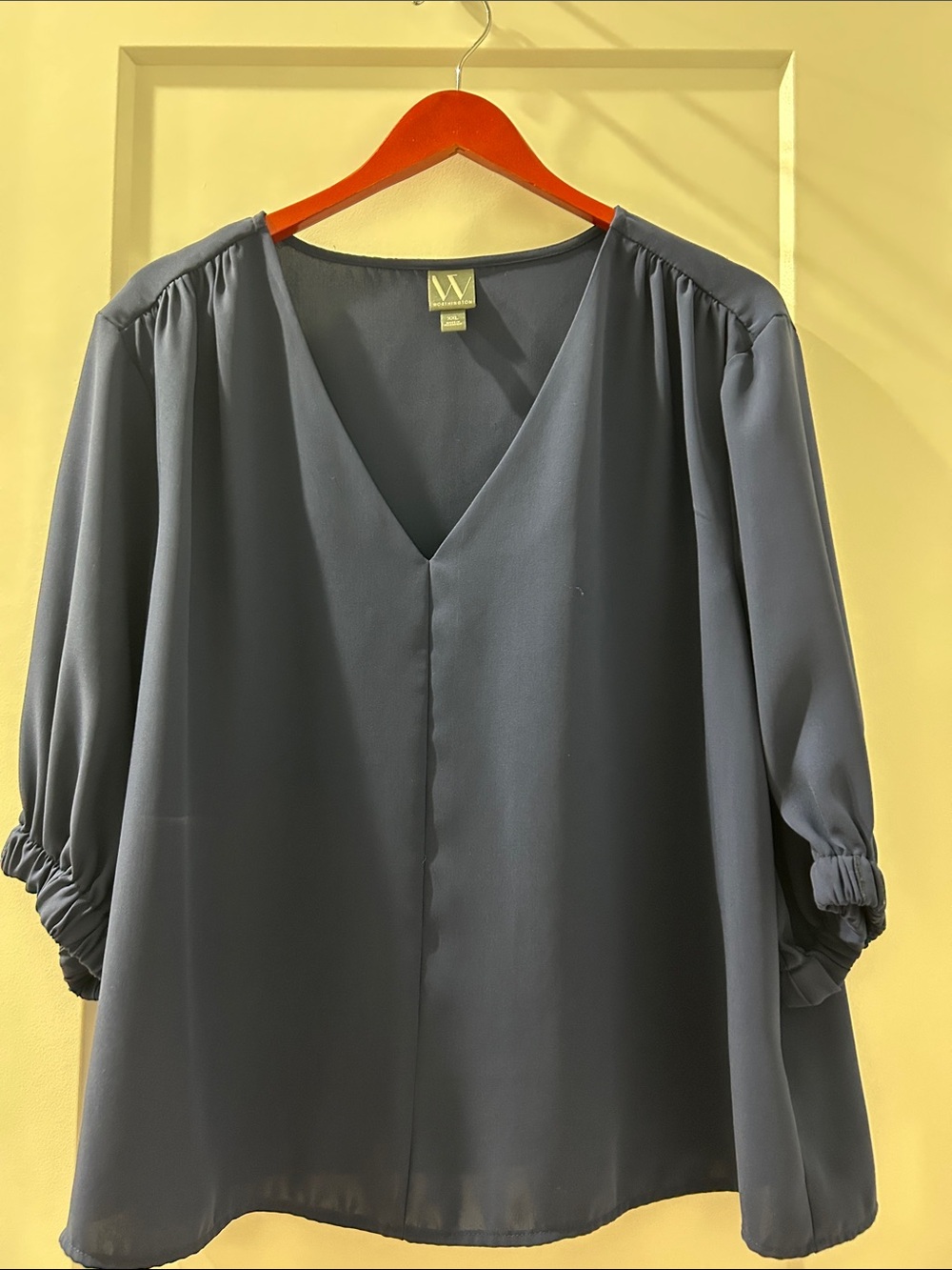 Worthington Slate Blue V-Neck Blouse with Gathered 3/4 Sleeves
